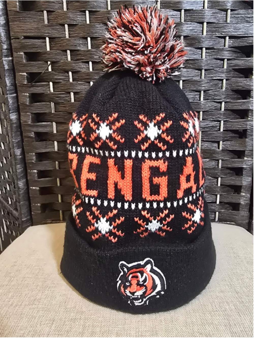 47 Brand Cincinnati Bengals NFL Knit Pom Beanie Hat Black Orange Cuffed OSFM